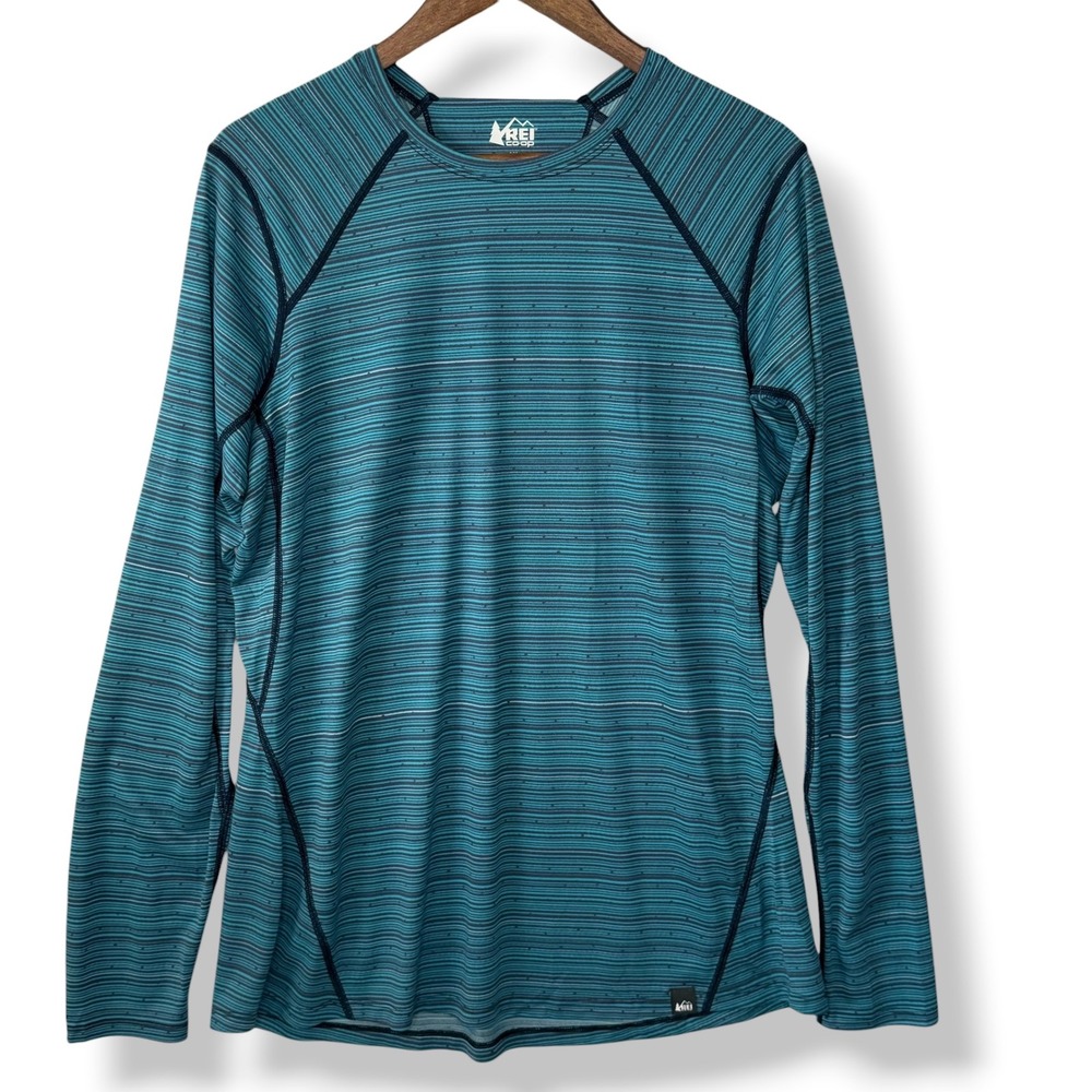 REI Co-op Long Sleeve Athletic Shirt XL Teal Blue Striped Active Raglan Hiking